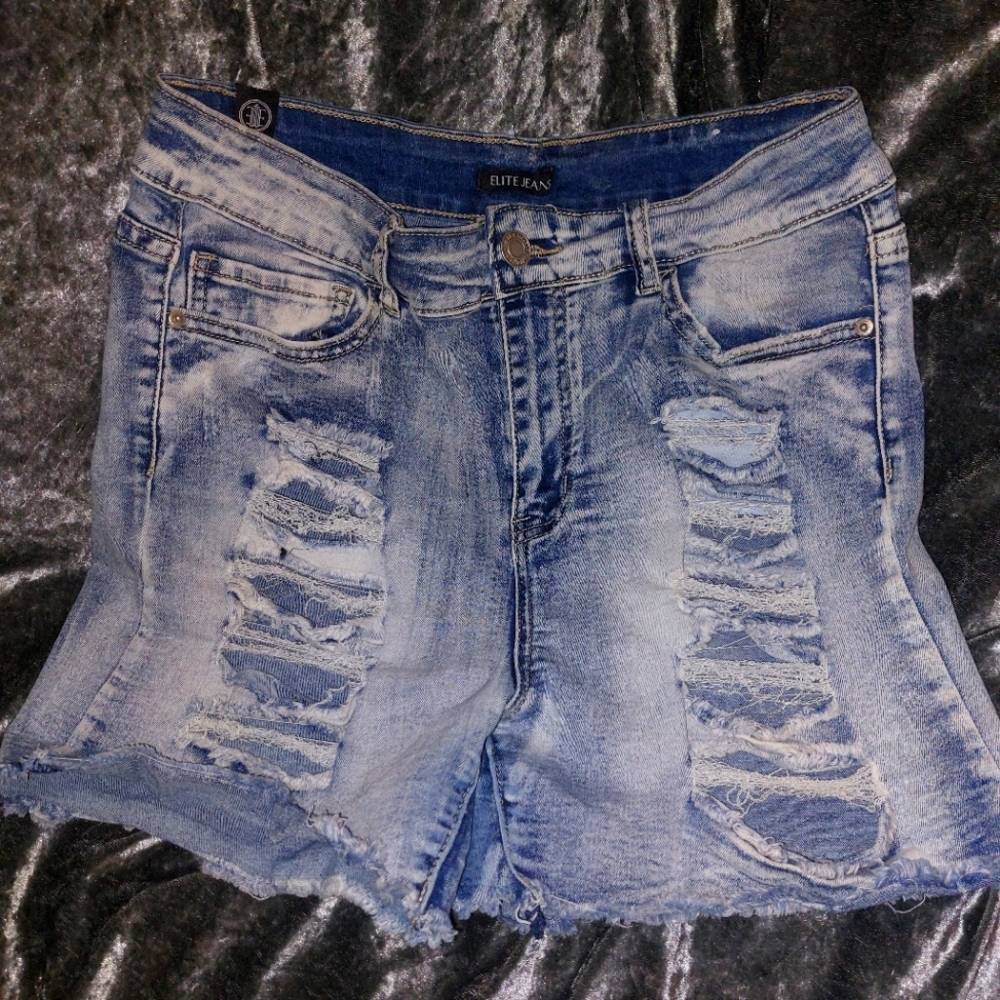 Large blue stretchy ripped jean shorts